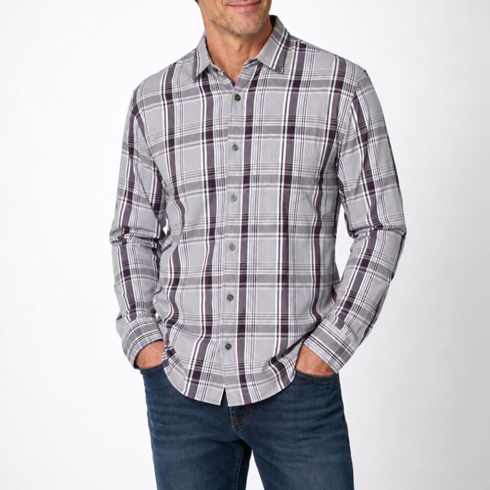 UNTUCKit Mens Large Gray Purple Plaid Button Up Shirt 100% Cotton Long Sleeve